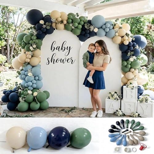 Double Stuffed Navy Blue & Sage Green Balloon Garland Arch Kit, Multi-size Matte Dusty Blue Sand Latex Balloons for Baby Shower,Gentleman Theme Party,Birthday,Bridal Wedding,Graduation view 3