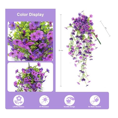 Artificial Fake Flowers Plants for Outdoors, 2 PCS UV Resistant Faux Silk Daisy with Eucalyptus Leaves Hanging Flowers for Home Garden Balcony Yard Porch Decor(Double Purple) view 2