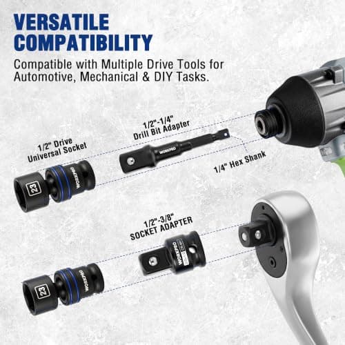 WORKPRO 18 PCS 1/2" Drive Impact Swivel Socket Set, Universal Joint Socket | Metric Wobble Socket Set (10-24mm) with 3", 6" Extension Bar, Socket Adapter, Drill Bit Adapter, CR-MO & S2, Standard 6 Point view 3