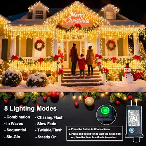 33FT 400 LED Icicle Lights for Outside, Warm White Christmas Lights Outdoor | 8 Modes Waterproof Connectable Twinkle String Lights Indoor with 75 Drops for House Eaves Yard Xmas Holiday Decorations view 4