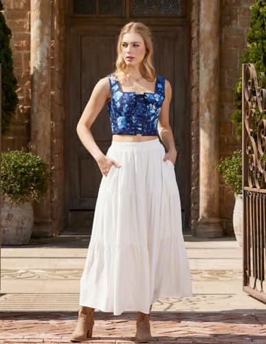 Scarlet Darkness Renaissance Maxi Skirts for Women 2026 Summer Boho Flowy Tiered Long Skirt with Pockets view 2