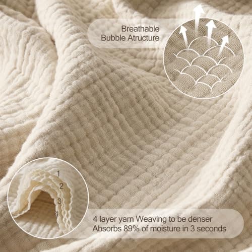 WDCOZY Muslin Throw Blanket 100% Cotton Blankets 4-Layer Breathable Lightweight Soft for Couch Boho Farmhouse Linen Tassels Ruffle Gauze Blankets All Season for Adults 50x60 Inches Beige Tan Neutral view 2