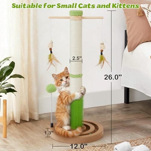 Cat Scratching Post, 26 Inch Tall Scratching Posts for Indoor Cats Adults and Kittens, Small Cat Scratch Post with Rotatable Hanging Toys, Rubber Brush and Double-Layer Interactive Wooden Ball Track view 4