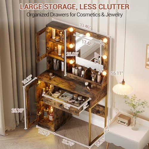 Garvee Vanity Desk with Mirror & Lights – Adjustable RGB & White Lighting – 2 Acrylic-Door Cabinets, 2 Open Shelves, Drawers, Built-in Power Outlet & USB Ports – Makeup Vanity Table for Bedroom view 2