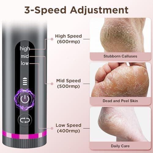 Electric Foot Callus Remover with 2600mAh Battery, 60Pcs Sandpaper Discs | Nano-Glass Head, 3 Adjustable Speeds, Aluminum Alloy Body, Electric Callus Remover for Feet Dry Dead Skin Cracked Heels view 5