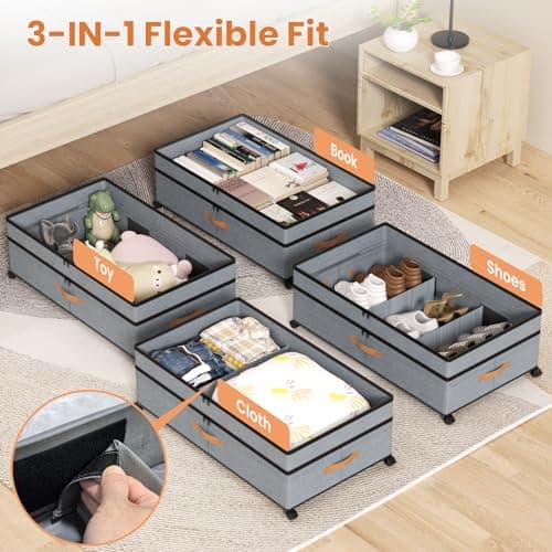 Mqaue Storage Box,Under Bed Storage with Wheels 72L XXL Under the Bed Storage Containers Large, 10‘’ Tall Adjustable Storage for Underbed with Lids, Rolling for Shoes, Clothes, Blankets, Grey view 5