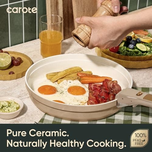 CAROTE 18 Pcs Ceramic Cookware Set Titanium Nonstick with Detachable Handles, Non Toxic Cookware, Pots and Pans Set Non Stick Removable Handles, Induction Available, Kitchen Cooking, Dishwasher Safe view 4