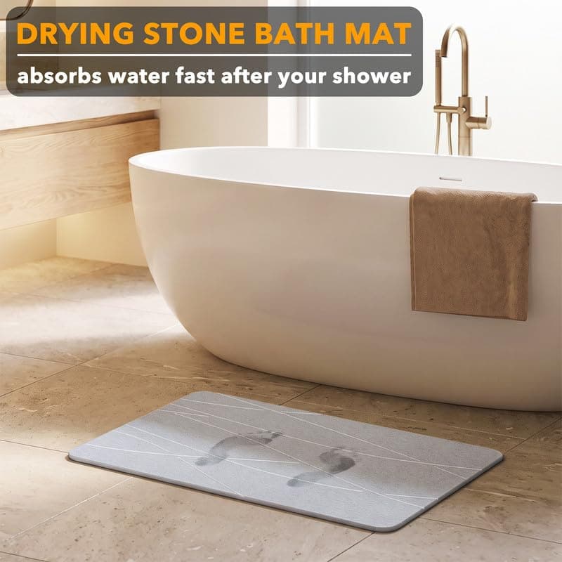SpaceAid Stone Bath Mat Quick Dry for Bathroom, Gray Line, 23.6" x 15.4" | Diatomaceous Earth Shower Mat, Fast Drying Large Bath Floor Stone, Quick Drying Super Absorbent, Easy to Clean view 5