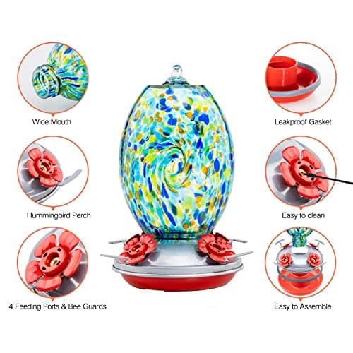Muse Garden Glass Humming Bird Feeders for Outdoors - 27OZ Blown Glass Hummingbird Feeder - Unique Gift for Mom Gardeners Women, Outdoors Hanging Garden Decor, Includes Ant Moat & Brush, Starry Night view 6