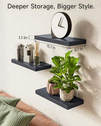 BAYKA Floating Shelves for Wall, Wall Mounted Rustic Wood Shelves for Bathroom, Bedroom, Living Room, Kitchen, Hanging Shelf for Books/Storage/Room Decor with 22lbs Capacity (Black, Set of 3, 15.7in) view 3