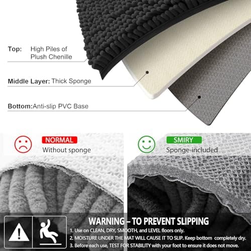 Smiry Luxury Chenille Bathroom Rugs 24x16, Extra Soft and Absorbent Shaggy Bath Mat, Machine Washable, Non-Slip Plush Carpet Runner for Tub, Shower, and Floor, Home Decor Accessories, Black view 5