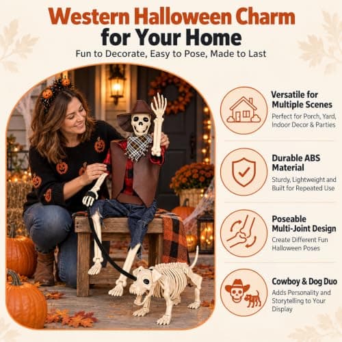 Skeleton for Halloween Decoration Outdoor, Halloween Decor for Yard Porch | Outside Halloween Skeleton Decoration for Yard Patio Lawn Garden, 3FT Realistic Full Body Posable Cowboy Skeleton with Dog view 4