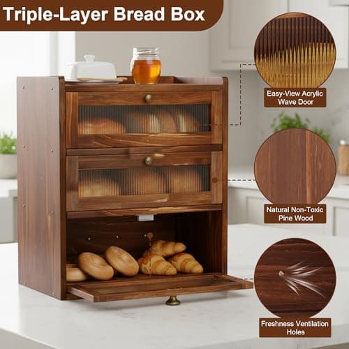 Bread Box for Kitchen Countertop, Bin 3 Layer Bread Storage Container, Wooden Breadbox Holder, Large Capacity Food Organizer, Vintage Multi-functional Container, Pantry Shelf with Acrylic Window view 3