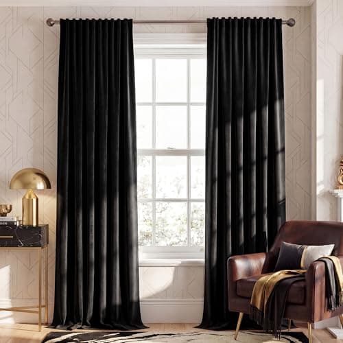 NICETOWN Black Velvet Curtains 84 inch Long 2 Panels, Rod Pocket & Back Tab Heavyweight Luxury Blackout Window Treatments Sliding Glass Door Winter Drapes for Bedroom, W52 x L84 view 1