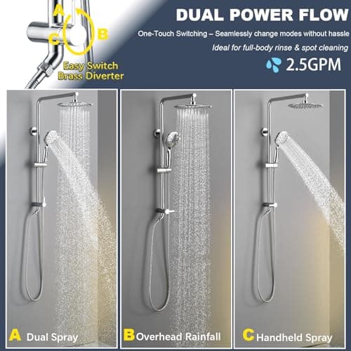 SonTiy 9" Shower Head with Handheld Spray, Rain Shower Heads System, 5 Spray Mode Handheld, Modern Shower System with Easy Reach Diverter, 72'' Hose and Height Adjustable Holder, Chrome view 2
