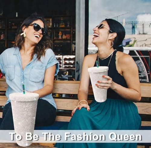 26oz Bling Rhinestone Studded Tumbler with Lid and Straws, Bling Cups Stainless Steel Water Bottle Diamond Glitter Tumbler for Women - Birthday Gifts for Women, Mom,Get Well Soon Gifts (White) view 6