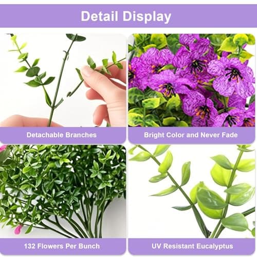 Meitrio Artificial Fake Flowers Plants for Outdoors, 2 PCS UV Resistant Faux Silk Daisy with Eucalyptus Leaves Hanging Flowers for Home Garden Balcony Yard Porch Decor(Purple) view 4