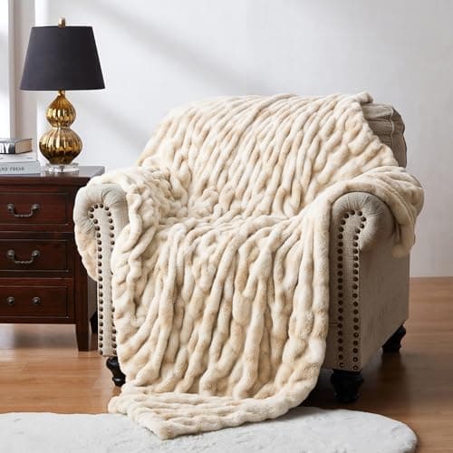 WDCOZY Ruched Faux Fur Throw Blanket Soft Cozy Fluffy Luxurious Blankets Couch Bed Sofa Chair Home Decor Warm Furry Fall Winter Plush Rabbit Fur Bubble Blanket 50" x 60", Caramel Beige Camel Neutral — image 1