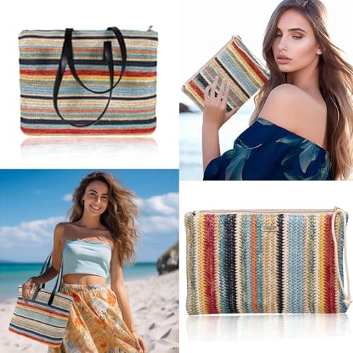 Abuyall straw crossbody clutch Bag Summer Beach Stripe Purse Women Woven Zipper Wristlet Wallets view 2