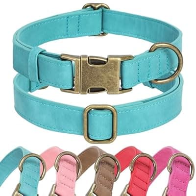 Jumpress Soft Leather Dog Collar for Small Medium Large Dogs, Heavy Duty Dog Collar Leather with Quick Release Metal Buckle, Durable & Adjustable for Large Dogs Walking (Teal Blue, L)