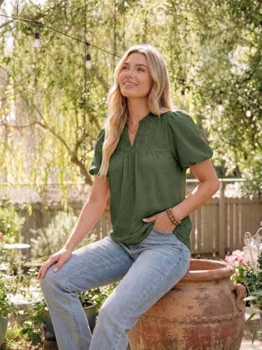 Funlingo Womens Boho Tops Summer Short Puff Sleeve V Neck Blouses Dressy Casual Flowy Swiss Dot Lace Crochet Shirts view 4