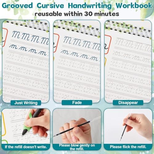 gisgfim Grooved Cursive Handwriting Workbook Magic Reusable Grooved Cursive Handwriting Practice Guided Tracing with Disappearing Ink Pens for Beginners Kids Learning Activities Supplies (Letters) view 3