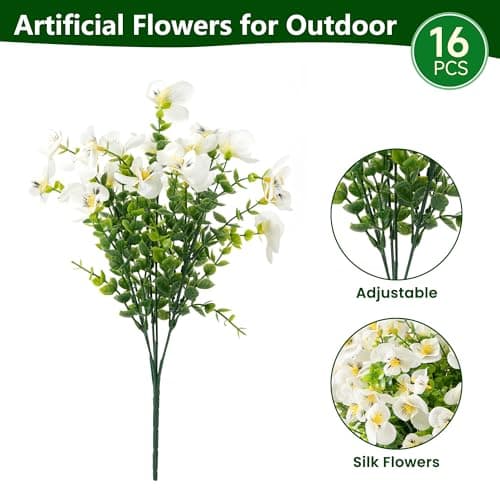 Vemander Artificial Flowers for Outdoor, UV Resistant Fake Silk Pansies Flowers, Realistic Faux Plants for Outside Indoor Porch Patio Window Box Planter Home Decor (16, White) view 3