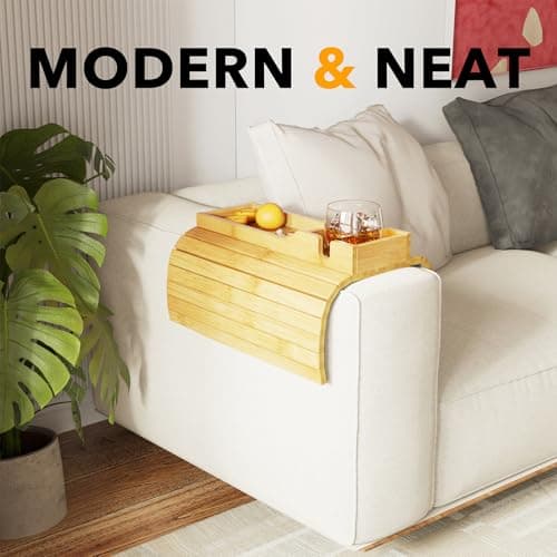 SpaceAid Bamboo Couch Cup Holder, Anti Falling Foldable Sofa Armrest Tray with Cup Holder, Couch Arm Side Table Organizer for Drink Cup Remote Snacks (Natural) view 6