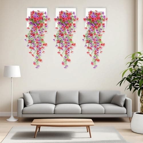 Artificial Fake Flowers Plants for Outdoors, 2 PCS UV Resistant Faux Silk Daisy with Eucalyptus Leaves Hanging Flowers for Home Garden Balcony Yard Porch Decor(Purple Red) view 6