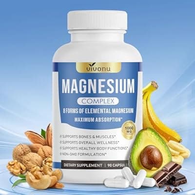 1000mg Magnesium Complex for Women & Men*, 8 Elemental with Magnesium Glycinate, Citrate, Malate, Taurate, Oxide, Carbonate, Aspartate, Orotate for Bones, Muscle, Recovery, Energy, Vegan, 90 Capsules