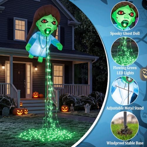 Giant Blue 12.8 FT Halloween Inflatables Floating Ghost Doll Yard Decor | Built-in Flowing Green LED String Lights, Blow Up Zombie Girl for Yard Lawn Garden Holiday Halloween Party Supplies view 2