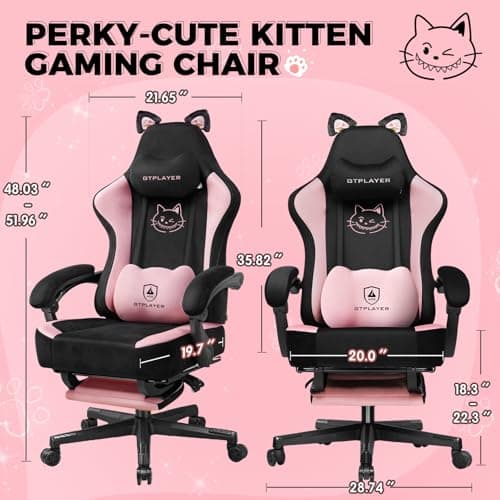 Pink Gaming Chair Cute with Cat Ears Ergonomic Computer Chair with Cat Embroidery Adjustable Memory Foam Lumbar Support and Headrest Comfortable Reclining Office Chair Soft Velvet Fabric view 2