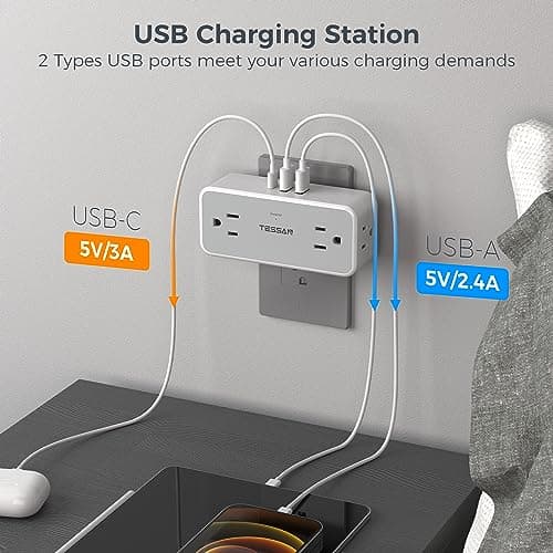 Multi Plug Outlet Splitter, TESSAN 4 Wall Outlet Extender with 3 USB Wall Charger(1 USB C), Surge Protecter 900J, Widely Spaced Multiple Plug Expander view 3