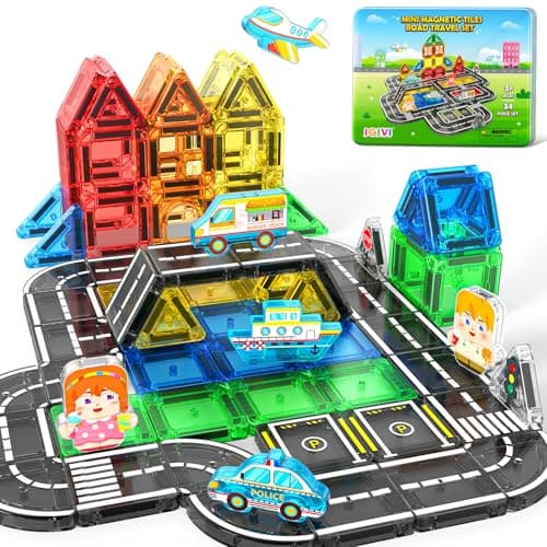 IGIVI Mini Magnetic Tiles Road Travel Essentials Set — Portable STEM Sensory Magnetic Building Blocks for Toddlers & Preschool, Compact Travel Toys for 3+ Boys & Girls, Easter Birthday Gift — image 1