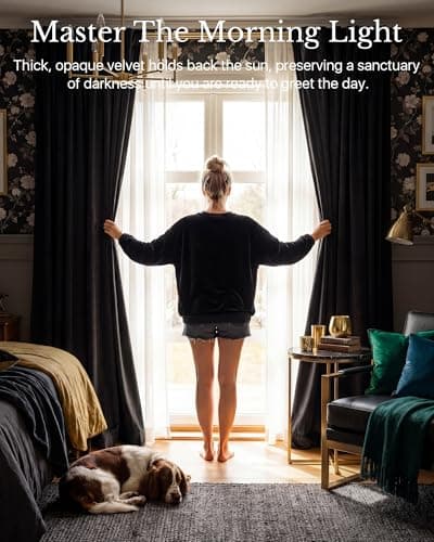 NICETOWN Black Velvet Curtains 84 inch Long 2 Panels, Rod Pocket & Back Tab Heavyweight Luxury Blackout Window Treatments Sliding Glass Door Winter Drapes for Bedroom, W52 x L84 view 3