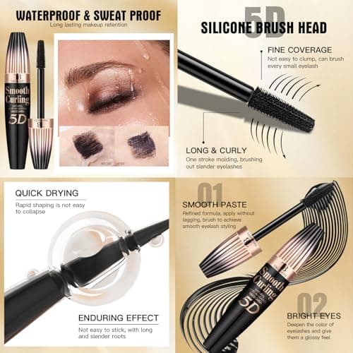 5D Fiber Mascara for Lengthening & Volumizing, Waterproof Smudge-Proof Mascara Buildable for Dramatic False Lash Effect, Clump-Free & Flake-Free view 5