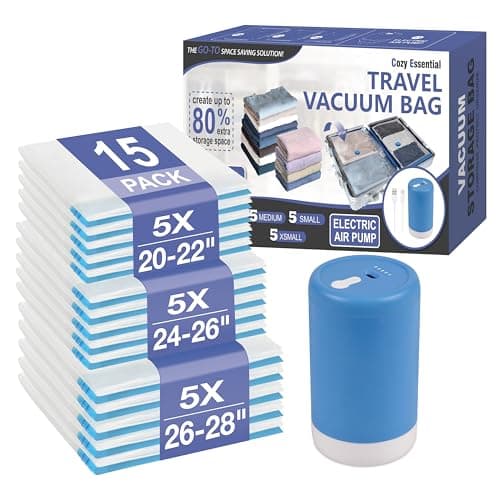 Cozy Essential Travel Vacuum Storage Bags with Rechargeable Cordless USB Pump, Space Saver Bags for Luggage, Suitcase, Carry-On, for Clothes, Blankets, Bedding & Seasonal Storage,15 Combo view 1