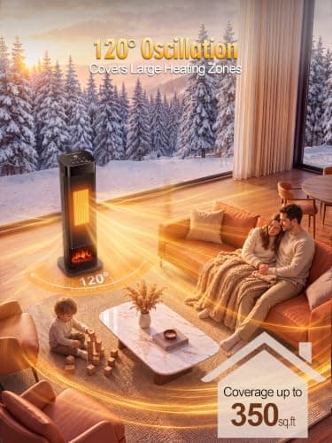 Uthfy Space Heaters for Indoor Use, 1500W Electric Room Heater for Large Room with Thermostat, 120° Oscillation&Child Lock, 24H Timer,3 Color 3D Flame,Dust Filter,ECO,Portable Tower Heater view 3