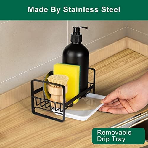 TEZZ Sponge Holder for Kitchen Sink- Stainless Steel Kitchen Sink Caddy for Organizing Sponge, Brush & Soap Dish Dispenser, coutertop Organizer Rack with Adhesive or Counter top, Black view 4