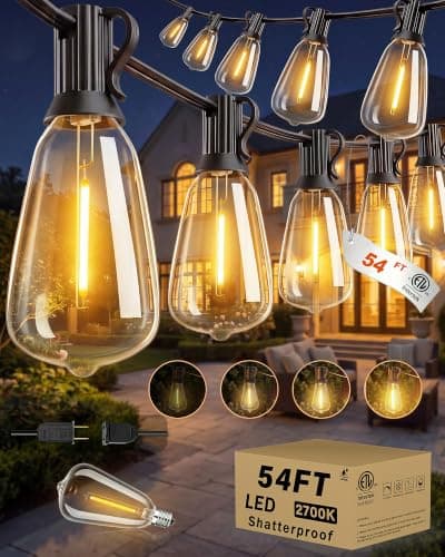Outdoor String Lights 54FT Connectable ST38 Patio Lights Outdoor Waterproof | 15 Shatterproof Edison Bulbs Dimmable Plug-in, 2700K Warm White Hanging Light for Balcony Backyard Garden Porch Party Decor — image 1