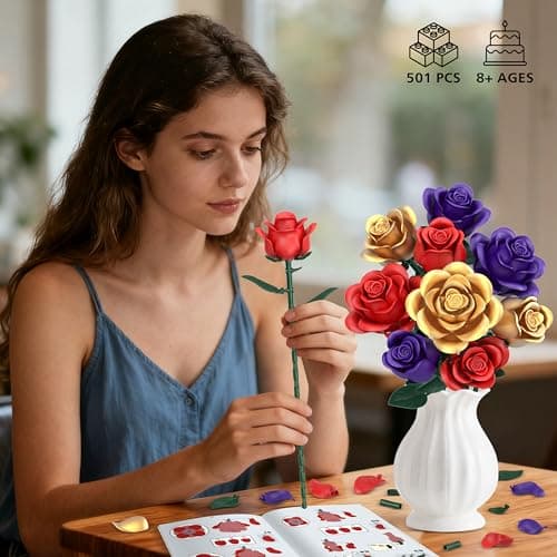 Rose Bouquet Flowers Building Set, 501Pcs Red Purple Golden Roses Artificial Flowers Botanical Collection Compatible with Lego Flowers Home Office Table Decor Gifts for Her/Mom/Girlfriend/Wife/Couple view 2