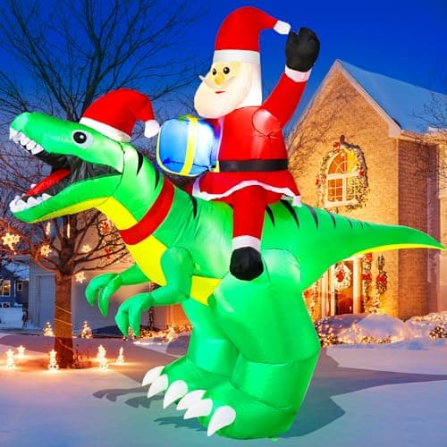 9x7FT Christmas Inflatables Santa Ride on Dinosaur with LED Outdoor Christmas Dinosaur Inflatable Blow Up Yard Decorations with Sandbags Stakes Strings for Garden Decor — image 1