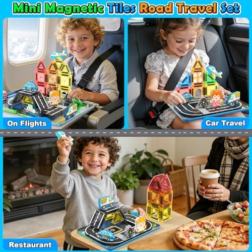 IGIVI Mini Magnetic Tiles Road Travel Essentials Set — Portable STEM Sensory Magnetic Building Blocks for Toddlers & Preschool, Compact Travel Toys for 3+ Boys & Girls, Easter Birthday Gift view 3