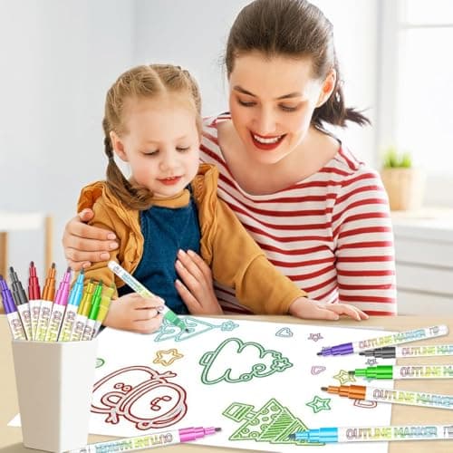JZILU Double Line Outline Markers, 12 Colors Glitter Metallic Gel Pens Set, Easter Basket Stuffers For Teen Girls Kids, Art Supplies For Kids 9-12, 4-12 Year Old Girl Birthday Gifts view 2