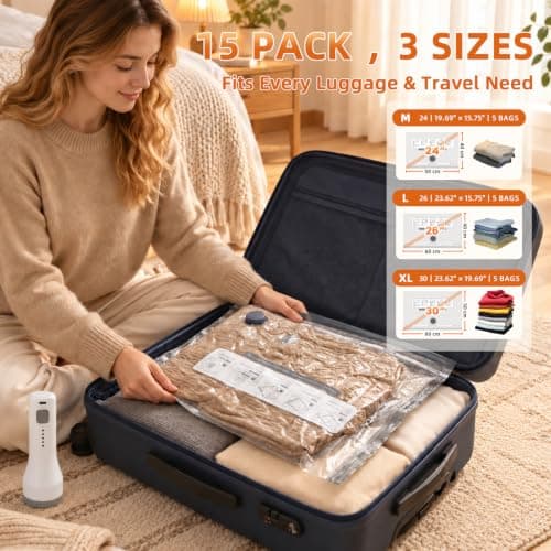 15 Pack Vacuum Storage Bags with 2000mAh Rechargeable Pump | Compression Packing Cubes for Travel & Home; Space Saver; for Suitcases & Wardrobes view 4
