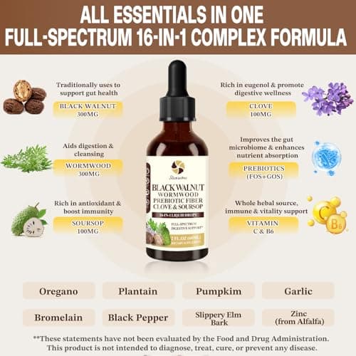 Starisetme Wormwood Black Walnut Cleanse for Humans Tincture – Max Strength Gut Health Prebiotics w/Clove, Soursop,Pumpkin Seed, Plus Vitamins, Minerals for Immune & Mood丨Women & Men- Vegan, Non-GMO view 2
