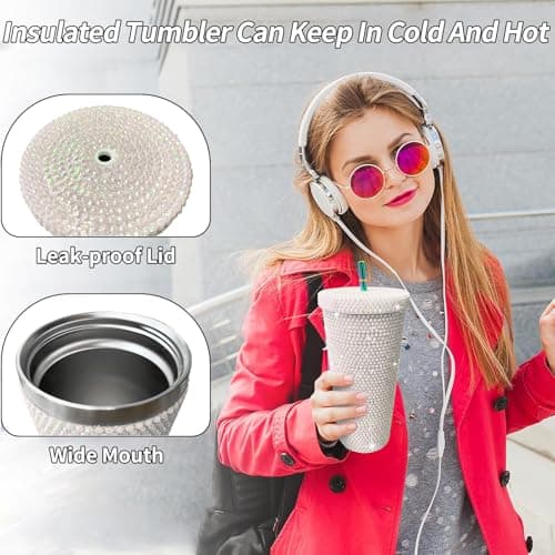26oz Bling Rhinestone Studded Tumbler with Lid and Straws, Bling Cups Stainless Steel Water Bottle Diamond Glitter Tumbler for Women - Birthday Gifts for Women, Mom,Get Well Soon Gifts (White) view 4
