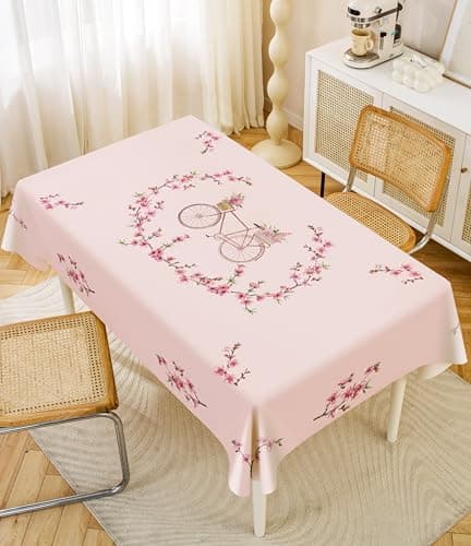 LPMingjia Cherry Blossom Tablecloth Waterproof PVC Heavy Duty Table Cover, Pink Sakura Floral Watercolor Design Rectangle Table Cloth for Spring Picnic Kitchen Party Decor（55inch*86inch