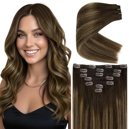 Ve Sunny Clip in Hair Extensions Real Human Hair Balayage Medium Brown Mix Caramel Blonde Ombre Remy Hair Extensions Clip ins for Women Thick Straight 16 inch 120g 7pcs — image 1