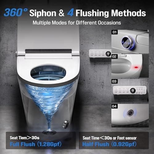 Electric Smart Toilet with Bidet Built-In & Tank, No Water Pressure Limit, Modern Design with Foam Shield, Foot Sensor & Auto Flush, Elongated One Piece, Heated Seat, Warm Air Dryer, 1000g MaP Flush view 6